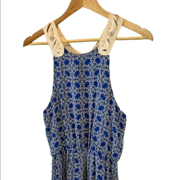 Blue Patterned Crochet Back Gathered Waist Long Dress M - Picture 2 of 10